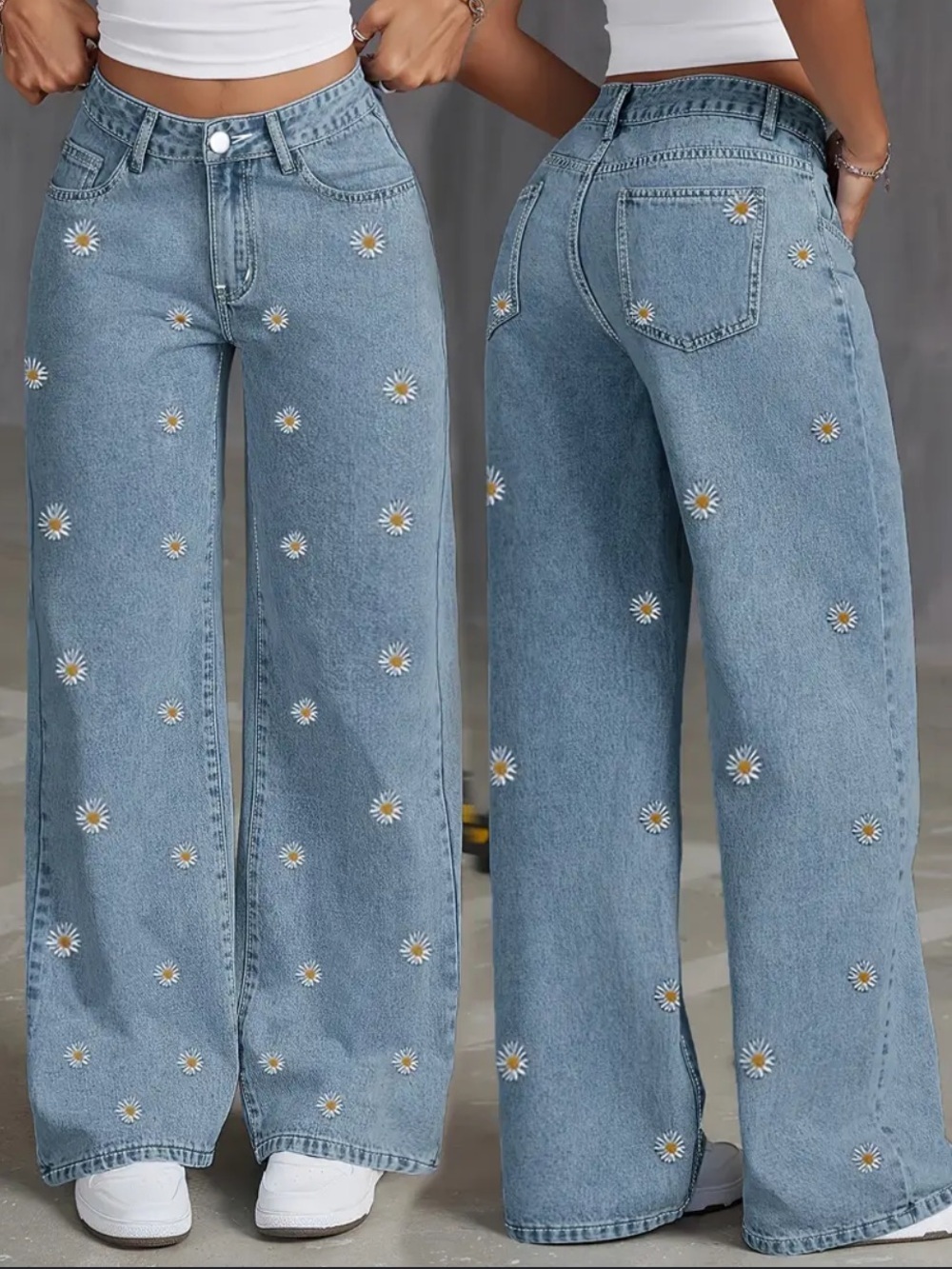 Womenโs White Daisy Cottegecore Medium Light Wash High Waisted Straight Leg Jean